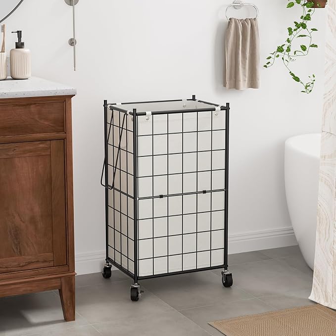 WOWLIVE Laundry Hamper with Wheels,Metal Wire Frame Rolling Laundry Basket with Removable bag,100L Dirty Clothes Hamper Organizer Dorm Room Storage for Bedroom,Bathroom,Black and White - Image 2