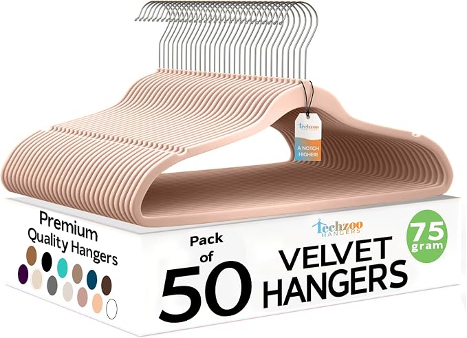 Techzoo 50 Pack New Premium Quality Velvet Hangers Ultra Thin Non Slip Adult Felt Space Saving Hangers for Closet Heavy Duty Coat Pants Jackets Dress Hangers 360° Swivel Hook Hold Upto 10lbs Rose Gold by TECHZOO