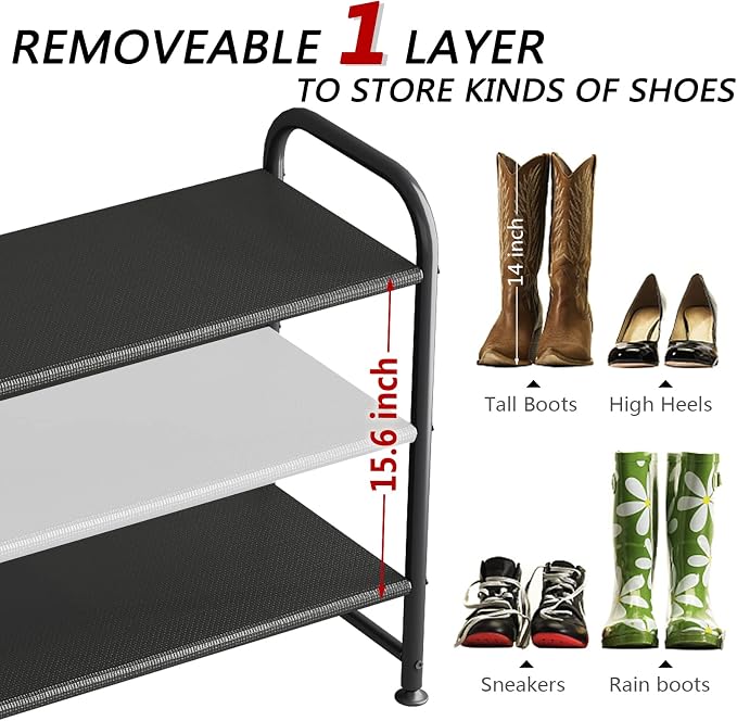 INGIORDAR Shoe Rack 3 Tier Long Storage Organizer Wide Metal Shoe Shelf for Closet Entryway Black - Image 5