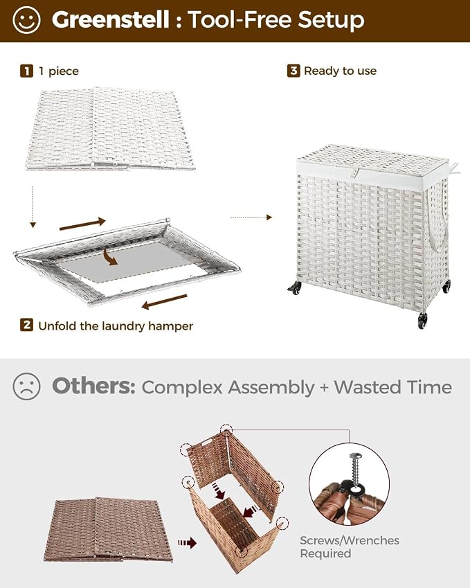 Greenstell Laundry Hamper with Wheels&Lid,130L Large 3 Sections Clothes Hamper with 2 Types Removable Liner Bags, 5 Mesh Laundry Bags, Handwoven Divided Laundry Basket White - Image 6