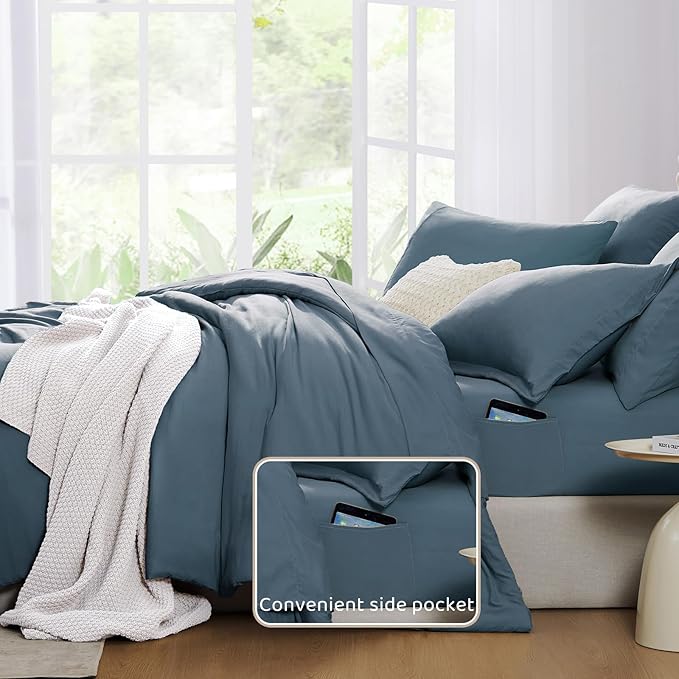 WRENSONGE Queen Comforter Set- 7 Pieces Soft Oxford Blue Bed in a Bag with Fitted Sheet, Flat Sheet, 2 Pillow Shams, and 2 Pillowcases- Warm Bedding Sets Queen for All Season