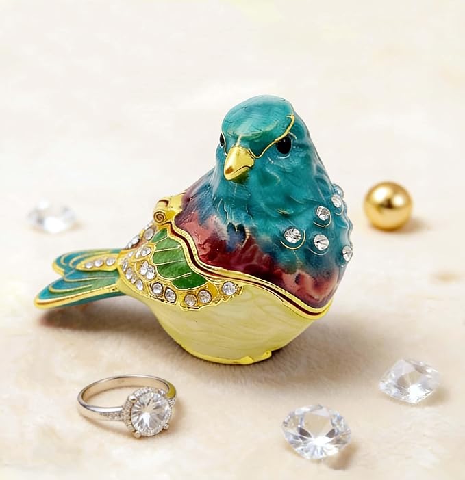 Turquoise Green Bird Trinket Boxes Hinged,Bird Decor with Crystals Enamel Jewelry Box.Necklace Ring Box Earrings Storage.Collectible Birds Lover Gifts Figurines Home Decor - Image 9
