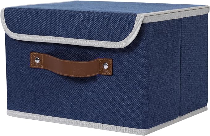 ANMINY Storage Bin with Lid Storage Boxes with PU Leather Handles PP Plastic Board Decorative Foldable Lidded Cotton Linen Fabric Home Cubes Baskets Closet Organizer Container - Blue, Medium by ANMINY