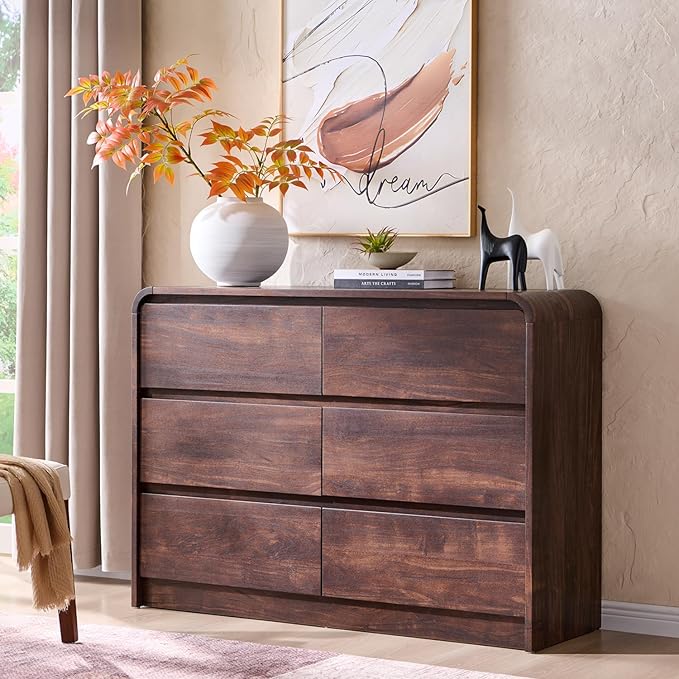 Aitjunz Modern 6 Drawers Dresser for Bedroom, 47" Wide Wood Dressers & Chests of Drawers w/Curved Profile Design, Mid Century Modern Dresser w/Natural Texture for Bedroom, Living Room, Brown