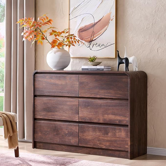 Aitjunz Modern 6 Drawers Dresser for Bedroom, 47" Wide Wood Dressers & Chests of Drawers w/Curved Profile Design, Mid Century Modern Dresser w/Natural Texture for Bedroom, Living Room, Brown
