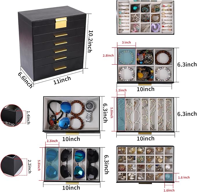 BOOVO Jewelry Boxes for Women, White and Black 6 Layer Large Jewelry Box for Necklace, Bracelet, Earrings, Rings Storage, Jewelry holder Organizer for Girls Gift (Black and Gold, 6 layer) - Image 4