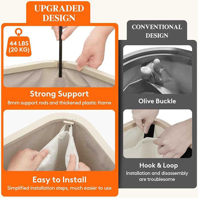 Lifewit 185L Large 3 Section Laundry Hamper with Lid, Plastic Laundry Basket with Bamboo Handles and Removable Bags, Tall Foldable Clothes Hamper for Bathroom Bedroom, Beige - Image 5