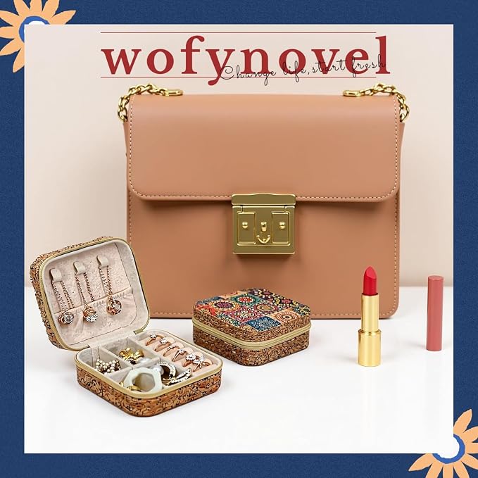 Retro Cork Jewelry Box with Bohemian Patterns for Storing Rings, Necklaces and Earrings During Travel, Soft Velvet Interior, 3.8x3.8x1.8 Inches - Image 3