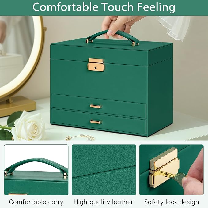AKOZLIN Travel Jewelry Box Organizer Functional 2-trays Leather Jewelry Storage Case with Lockable Portable 2 Drawers for Women Girls Ring Necklace Earring Bracelet - Image 8