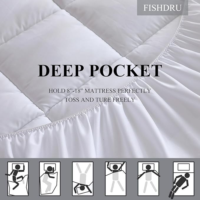 Quilted Fitted Mattress Pad, Quilted Fitted Premium Mattress Protector, Elastic Fitted Mattress Topper Protector and Cover Stretches up to 16 Inches Deep, Breathable, Machine Washable (White, Full)