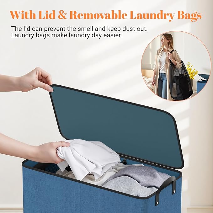 Large Double Laundry Hamper with Lid, Removable Bags & Reinforced Handles, 2 Section Tall Laundry Basket, Dirty Clothes Hampers for Laundry Room, Bedroom, Bathroom, Dorm, 136L, Blue - Image 6