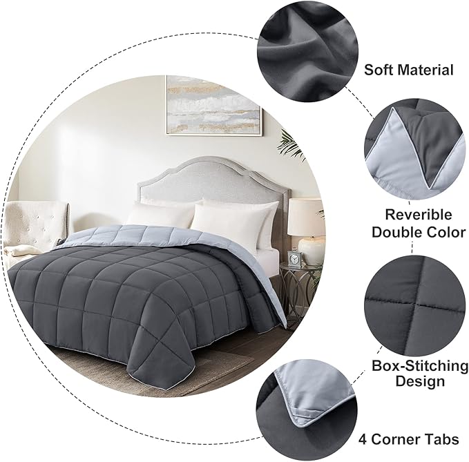 Homelike Moment Comforters Queen Size - Grey Duvet Insert Down Alternative Bed Queen Comforter, Lightweight Bedding Comforters Full Size Quilted Soft All Season Reversible Dark Gray/Light Grey