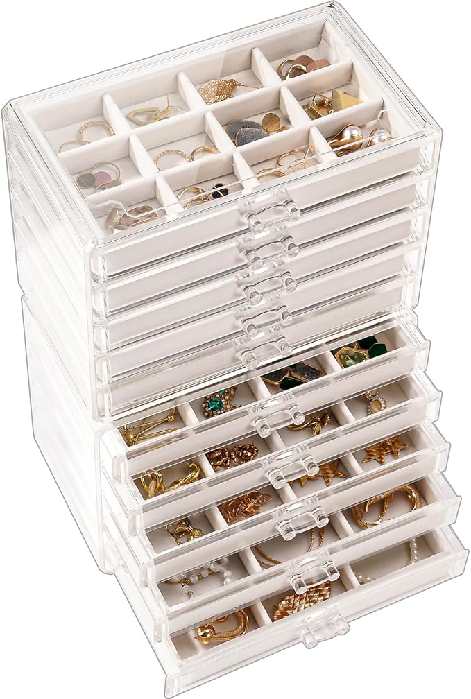 Lolalet Earring Holder Organizer Box Jewelry Storage with 10 Drawers, Clear Acrylic Stackable Earring Case with Adjustable Velvet Trays for Women on Dresser Vanity - Warmwhite,10 Layers by Lolalet