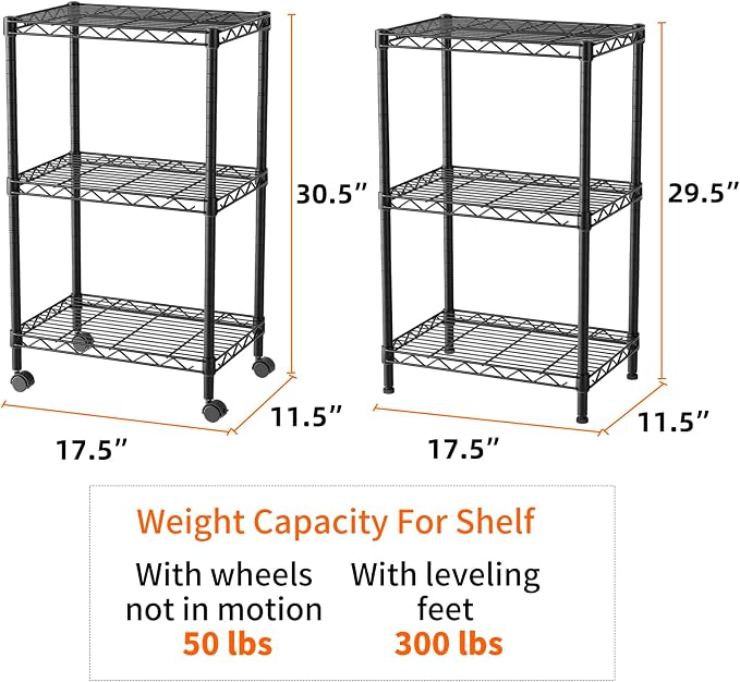 SINGAYE 3 Small Shelves Storage Shelf Wire Shelving Unit Metal Shelf Adjustable Organizers Storage Shelving with Wheels for Bathroom Laundry Room Kitchen Pantry11.5”D x 17.5”W x 30.5”H Black - Image 3