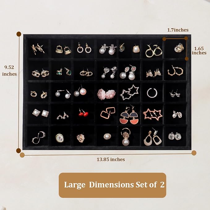 Large Velvet Jewelry Tray 2 Pack Stackable Jewelry Display Drawer Inserts Trays Organizer for Earring Bracelet Necklace Ring (Black, 35 Grids) - Image 6