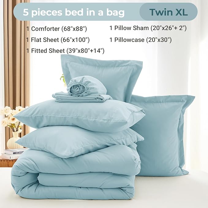 MUXHOMO 5 Pieces Twin XL Comforter Set, Soft Bed in a Bag Twin XL Size, All Season Bedding Set with Comforter, Flat Sheet, Fitted Sheet, Pillowcases & Shams, Lake Blue