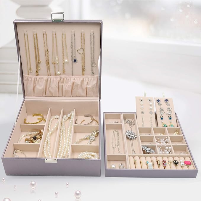ProCase Jewelry Box for Women, 2 Layers Large Leather Jewelry Organizer Storage Case with Removable Pad for Earrings -Pearlizedsilver - Image 7