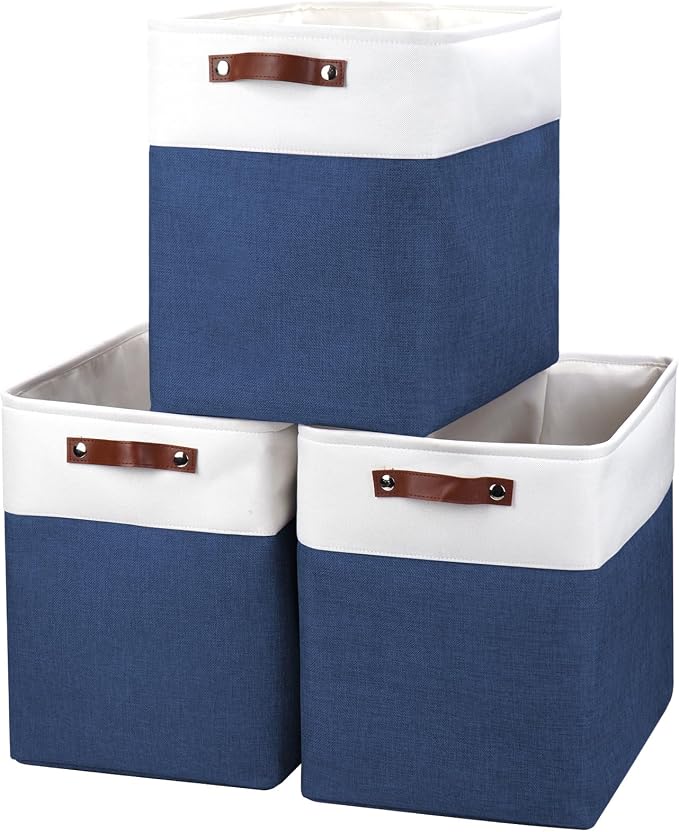 Bagnizer Large Fabric Storage Baskets | 50L Storage Bins, Decorative Linen Closet Baskets with Handles for Organizing, Shelf, Toys, Clothes, Home, Office, Nursery, 17x12x15Inches (Navyblue&White) by Bagnizer