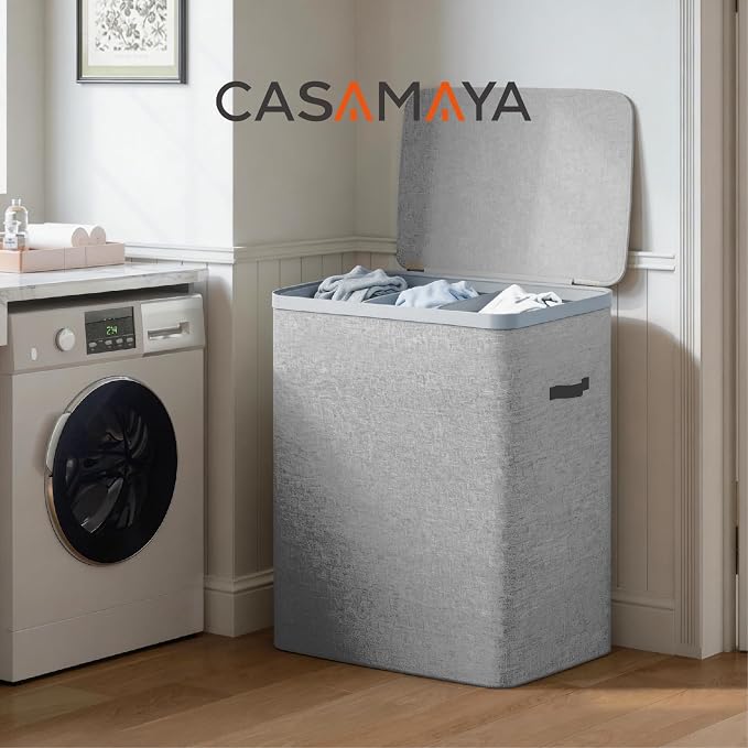 CASAMAYA Laundry Basket with Lid, Laundry Hamper 3 Section, 190L collapsible Laundry Organizer, Easy Assembly, with Handles and Removable Liners, 25.2 x 15.7 x 29.5 Inches, Gray JSP904G - Image 2