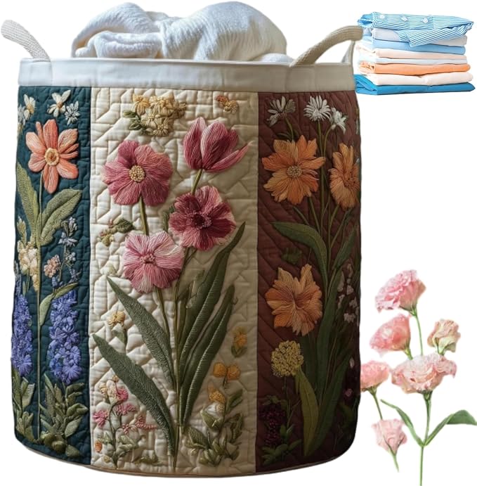 Quilted Laundry Basket with Handles, Boho Floral Fabric Storage Hamper, Large Soft Quilted Laundry Basket for Nursery, Bedroom, Laundry Room,Clothes & Toys (M, S) by qusanii