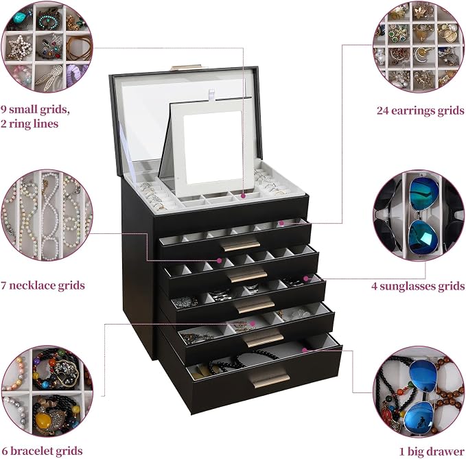BOOVO Jewelry Boxes for Women, White and Black 6 Layer Large Jewelry Box for Necklace, Bracelet, Earrings, Rings Storage, Jewelry holder Organizer for Girls Gift (Clear Black, 6 layer) - Image 3