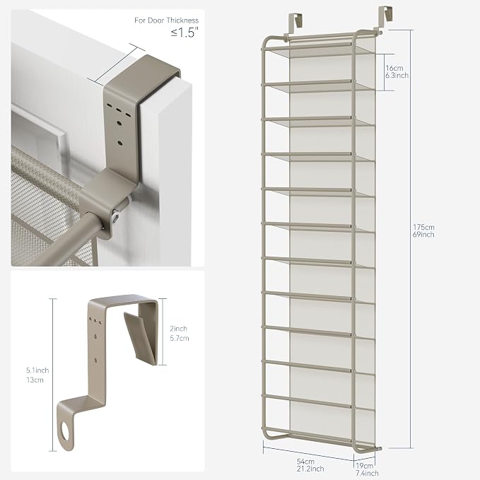 Whitmor 36 Pair Over The Door Shoe Organizer, 12 Tier Hanging Shoe Organizer, Heavy Duty Metal & Mesh Shoe Holder, Hanging Shoe Rack for Closet Organizer & Storage, 69"L x 21.7"W x 7.5"H, Mocha - Image 2