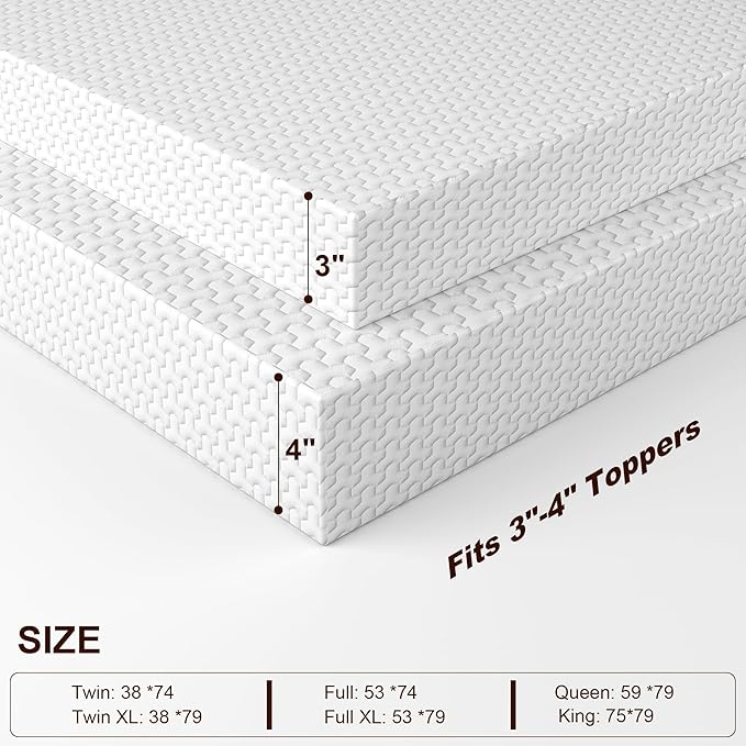 Bamboo Rayon Mattress Topper Cover Full | Extends Topper Life | Anti-Slip Bottom & Adjustable Straps | 3-4 Inch Foam Protector | Ideal for Teen Rooms & Small Apartments | NOT Waterproof
