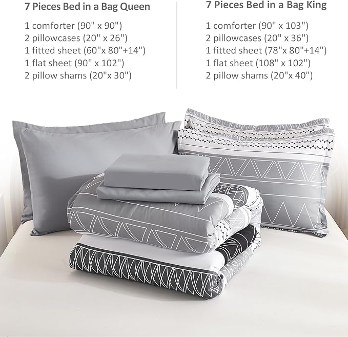WONGS BEDDING Queen Comforter Set 7 Pieces, Boho Grey White Geometric Striped Comforter for Queen Bed in a Bag, Soft Microfiber Bedding Set with Pillowcases, Flat Sheet, Fitted Sheet, Pillow Shams