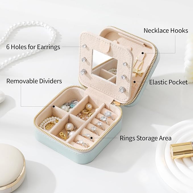 Genuine Leather Travel Jewelry Case Organizer with Mirror for Women, Small Jewelry Box Portable Mini Jewelry Case for Earring, Ring, Necklace, Bracelet（Milled Leather Brown） - Image 3