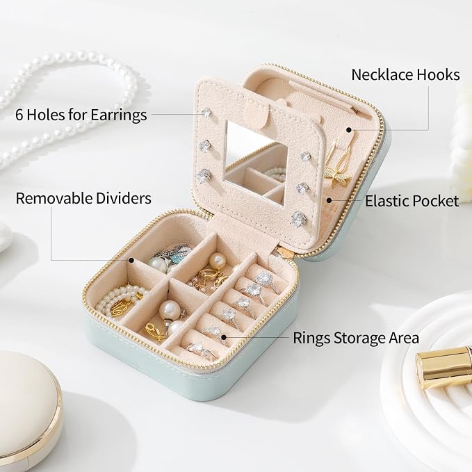 Genuine Leather Travel Jewelry Case Organizer with Mirror for Women, Small Jewelry Box Portable Mini Jewelry Case for Earring, Ring, Necklace, Bracelet（Lychee Grain Purple） - Image 4