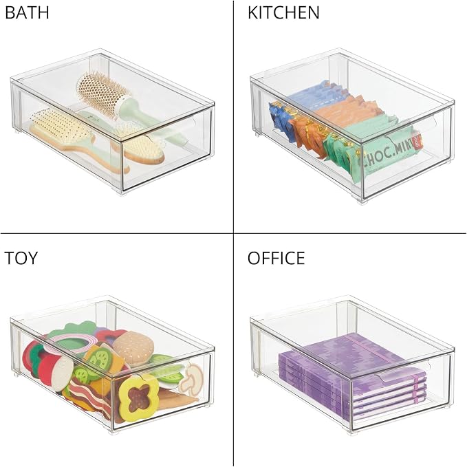 mDesign Plastic Closet Organizer Bin w/Pull Out Drawer - Shallow Stackable Storage for Closet - Organization for Shoes, Clothes, Bags, Totes, and Small Linens - Lumiere Collection - Clear - Image 5