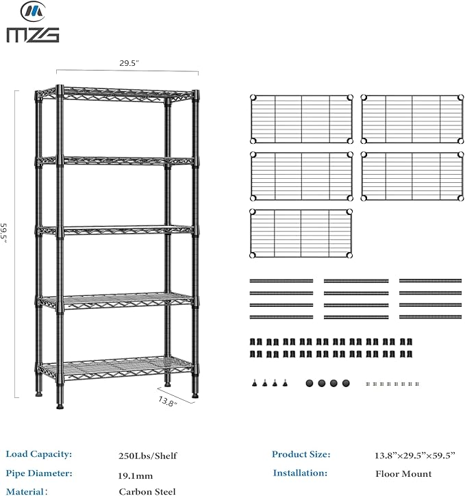 M MZG 1250 lbs 5 Tier Shelf Metal Storage Shelves Shelving Wire Rack Heavy Duty Closet Organizers for Garage Kitchen Bathroom Laundry Black 13.8" D x 29.5" W x 59.5" H - Image 3