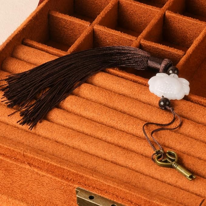 Women Jewelry Box Lockable 3 Layers Large Jewelry Organizer Storage Case for Earrings Necklaces Rings Bracelets,Green Display Jewel Holder (Caramel) - Image 5