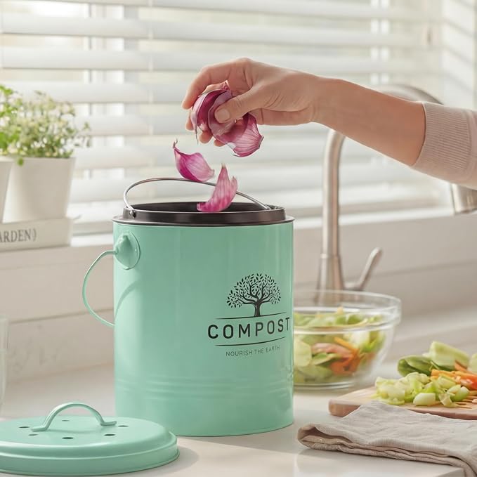 Perfnique Kitchen Compost Bin, 1.3 Gallon Countertop Compost Bin with Lid, Indoor Compost Bucket Includes Inner Bucket Liner and Carbon Filter, Small Compost Bin with Trash Bags (with Bags, Mint) - Image 6