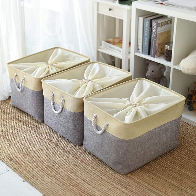 TheWarmHome Storage Bins Baskets for Organizing - Extra Jumbo 3 Pack 20.5Lx15.7Wx13.8H Sturdy Fabric Storage Basket for Shelves, Decorative Foldable Closet Nursery Toy (Gold&Grey) - Image 4
