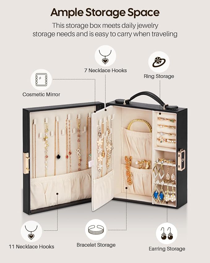 Enthralite Large Travel Jewelry Case: Portable Jewelry Box with Mirror - PU Leather Small Jewelry Organizer for Rings Earrings Necklaces Bracelets - Birthday Gift for Her - Jewelry Storage - Image 4