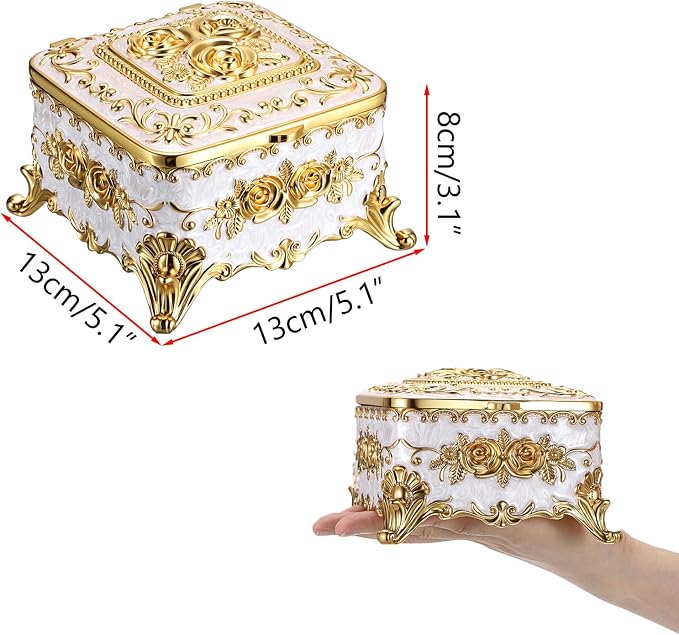 Hipiwe Vintage Jewelry Box Rectangular Trinket Chest Metal Treasure Holder for Ring Earrings Organizer Keepsake Box Gift for Woman, Beige, 5.1" L x 5.1" W x 3.1" H - Image 3