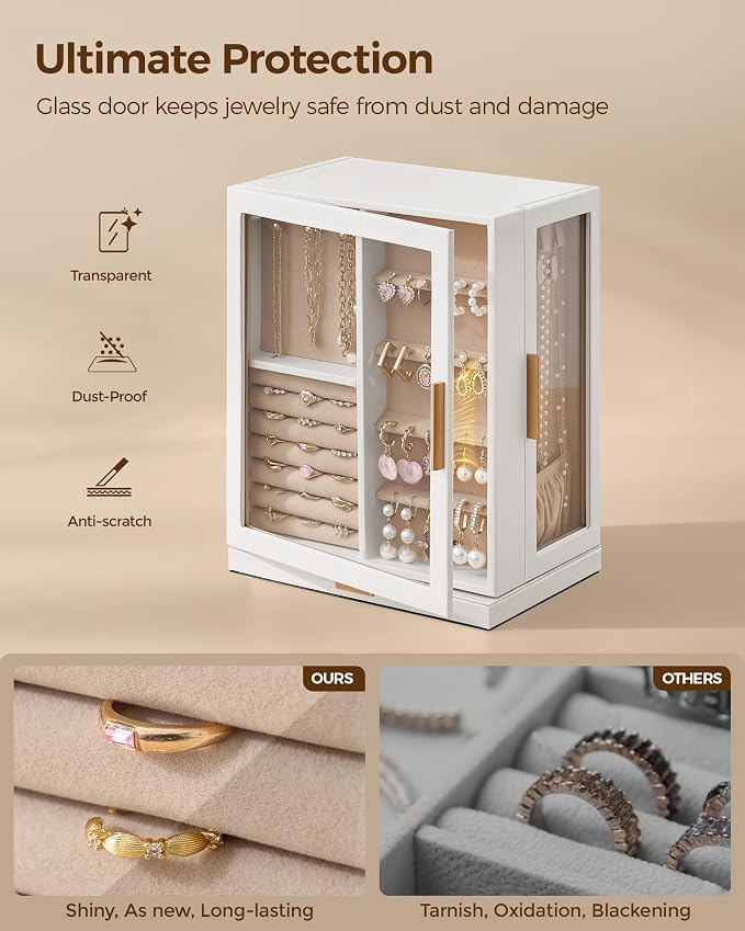 Glimmloop 360° Rotating Jewelry Box with 5 Drawers, Spacious Vertical Jewelry Organizer with Glass Window, Jewelry Storage Case, Dustproof & Moisture-resistant Design, White - Image 3