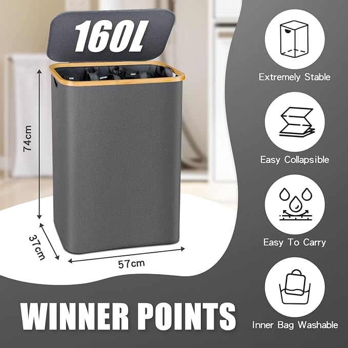 Hampers for Laundry Basket with Lid, 160L Extra Large 3 Section Clothes Divided Organizer for Bedroom, Laundry Room, Dirty Clothes Hamper, Grey - Image 3