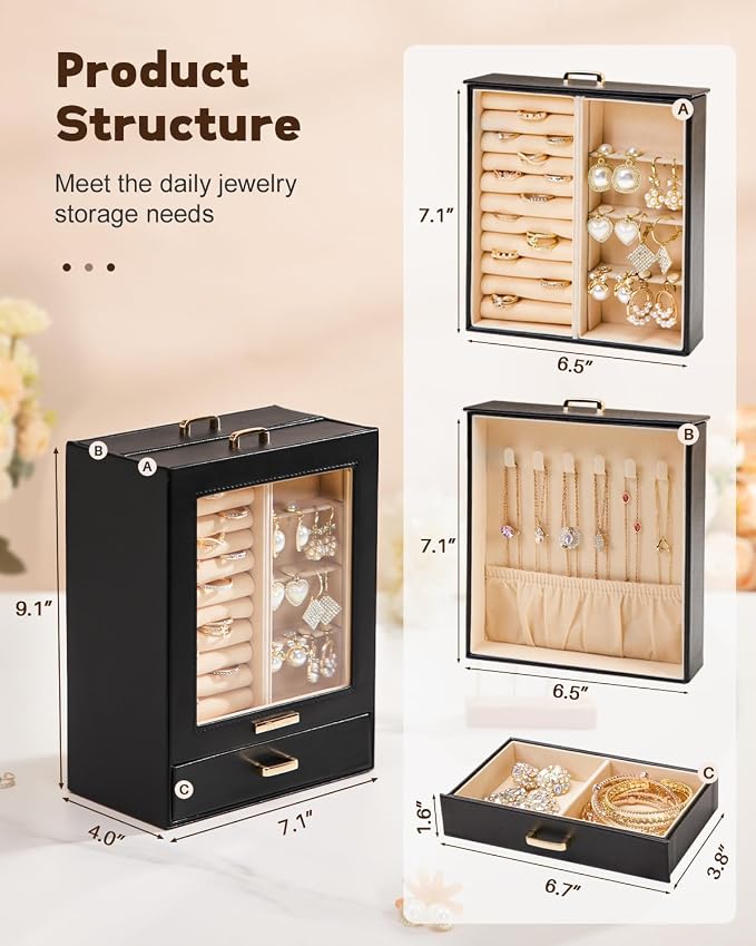 Homde Mothers Day Gifts Jewelry Organizer Girls Women Jewelry Box for Necklaces Rings Earrings Gift Bracelets Storage Case (Black + Gold) - Image 3