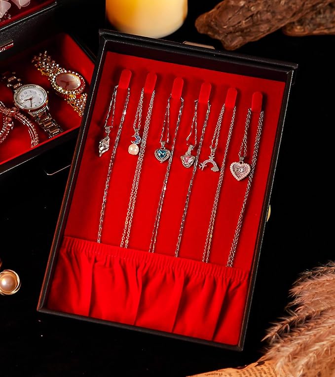 Homde Jewelry Organizer with Transparent Window Necklace Hooks Gift for Women Jewelry Box Display Case for Necklaces Rings Earrings Bracelets and Other Jewelry Accessories (Black + Red +Gold) - Image 9