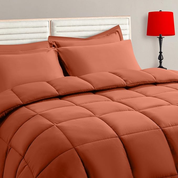 TAIMIT Burnt Orange Twin Size Comforter Set - 5 Pieces, Bed in a Bag Bedding Sets with All Season Soft Quilted Warm Fluffy Reversible Comforter,Flat Sheet,Fitted Sheet,1 Pillow Shams,1 Pillowcases