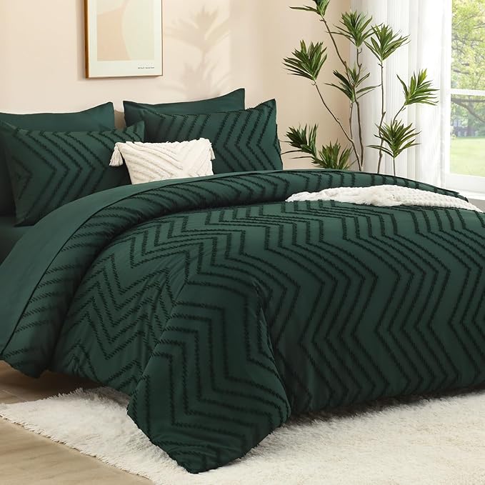Litanika Full Size Comforter Set with Sheets Dark Emerald Green - 7 Pieces Bed in a Bag Full Chevron Tufted Complete Bedding Sets with Comforter, Sheets, Pillowcases & Shams