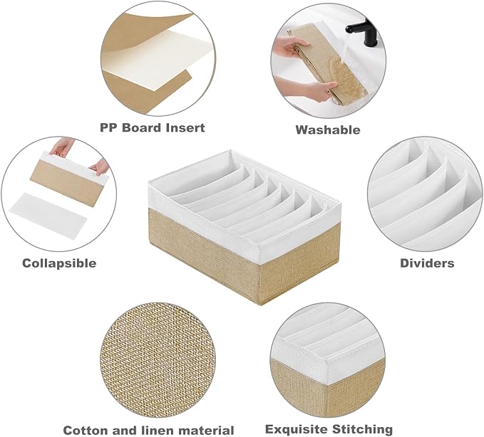 4 Packs T-shirt Drawer Organizers for Clothing,8 Grids Compartment Wardrobe Storage Box, Washable Clothes Organizer for Folded Clothes, Legging, Silk Scarve-12.59''x9.05''x5.9-BeigeWhite - Image 4