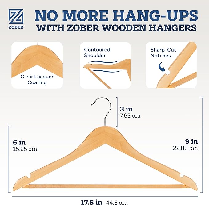 ZOBER High-Grade Wooden Hangers - Heavy Duty, Non Slip Wood Hangers for Coats, Jackets, Suits, & Pants - Clothes Hangers for Closet W/Bar and Notches 20 Pack - Image 3