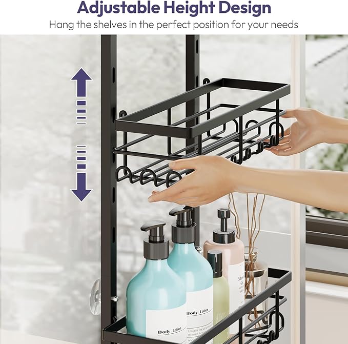 SWTYMIKI Over The Door Shower Caddy - 4 Tier Rustproof Hanging Shower Organizer with Adjustable Shelves, 40 Hooks & Soap Holder, Hanging Shower Rack Storage for Bathroom Accessories, Black - Image 2