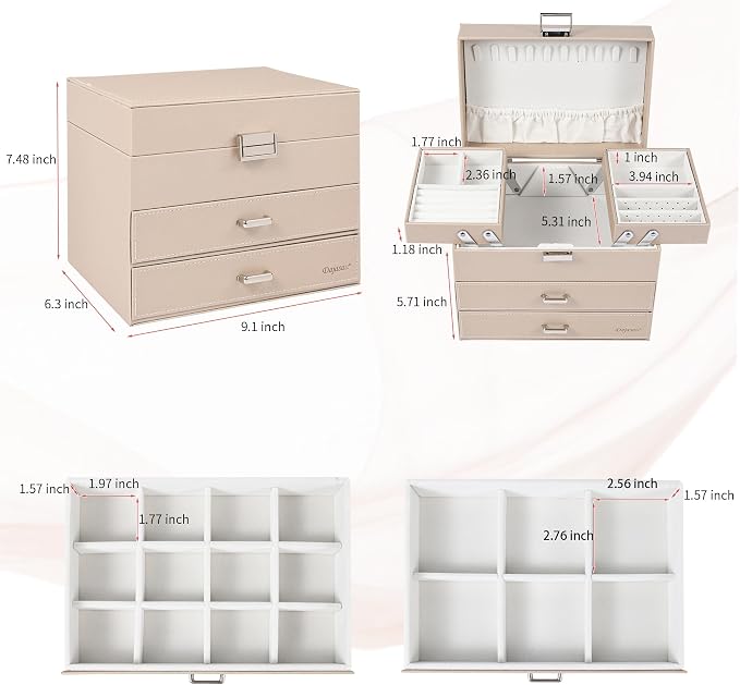 Dajasan Jewelry Organizer Box, Large Jewelry Boxes for Women Girls, Space-Saving 4 Layers Jewelry Storage Case with Drawer, Movable Metal Stand, Modern, Gift Idea (Champagne + Silver) - Image 3