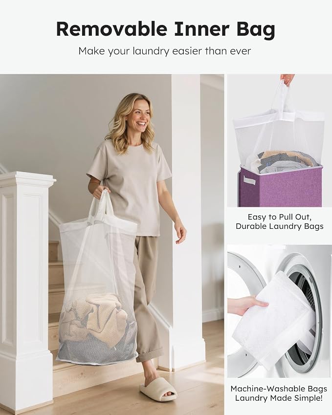 SOLEDI Laundry Hamper with Lid 100L Large & Tall Collapsible Laundry Basket, Clothes Hamper with Bag Removable Easy to Carry, Dirty Hampers for Bedroom, Bathroom, Dorm, College, Purple - Image 4
