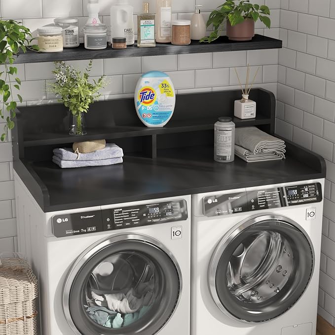 2-Tier Washer Dryer Countertop with 2.75"H Edge Rails, 54" W x 27.55" D Laundry Countertop for Folding Clothes, Washer and Dryer Topper with Non-Slip Pad (Black) - Image 2