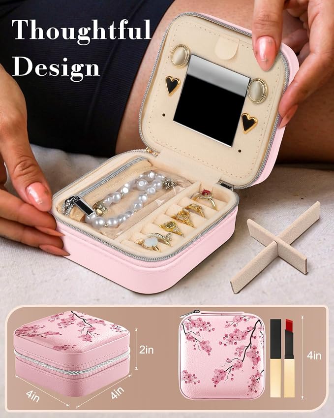 Bistup Travel Jewelry Case - Small Jewelry Organizers and Storage Box for Women Girls Teens Cute Traveling Jewelry Holder with Mirror Little Tiny Compact Modern Unique Aesthetic Pretty, Peach Blossom - Image 2
